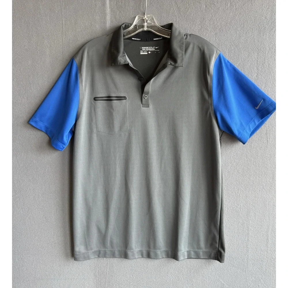 Nike Golf Tour Performance Dri-FIT Polo Shirt Gray Blue Mens Large Zipper Pocket